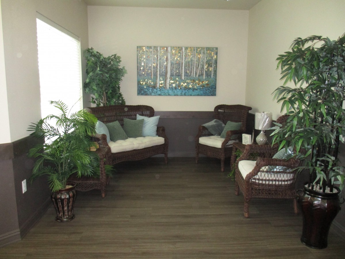 A cozy living space with comfortable seating, greenery, and wood flooring.