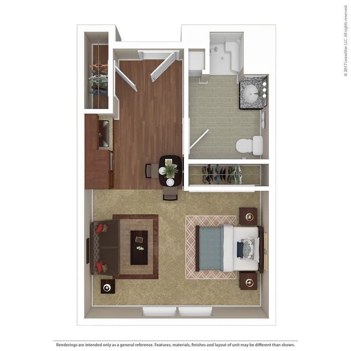 A floor plan of a one-bedroom apartment, featuring a living room, kitchen, and bathroom.