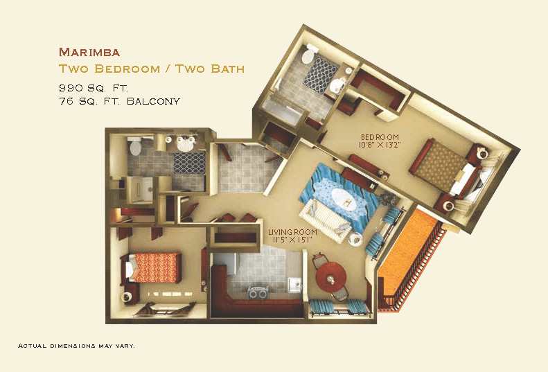 A floor plan of a two-bedroom, two-bathroom apartment with a balcony.