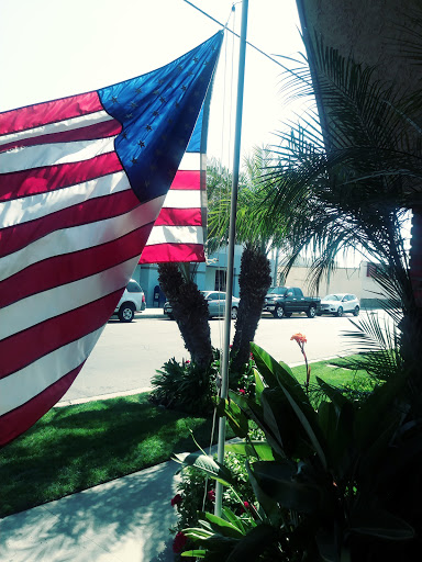 A vibrant display of the United States flag set against a sunny backdrop with palm trees in a residential area.
