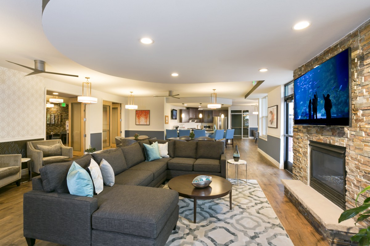 A modern open-concept living room with a sectional sofa and adjacent kitchen.