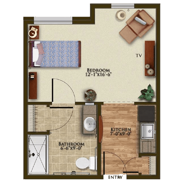 A compact one-bedroom apartment floor plan with a living area, kitchen, and bathroom.