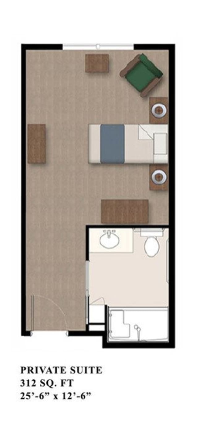 A simple floor plan of a bedroom with an adjoining bathroom.