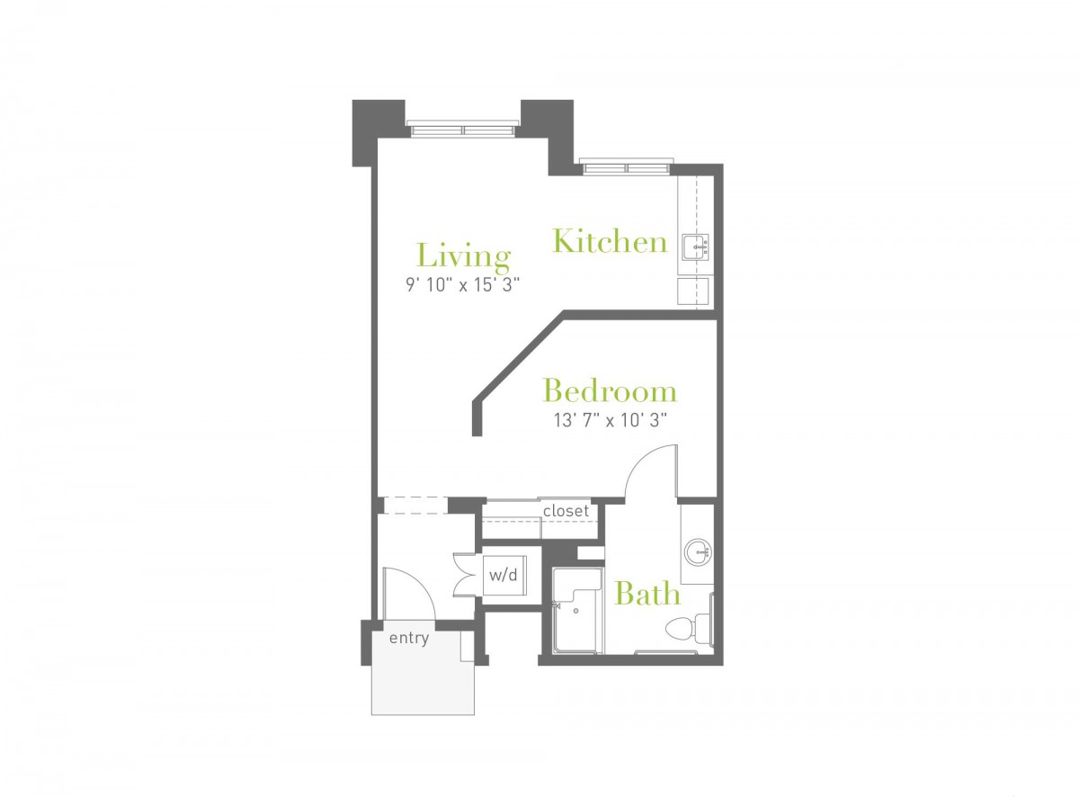 One-bedroom apartment floor plan with labeled rooms.