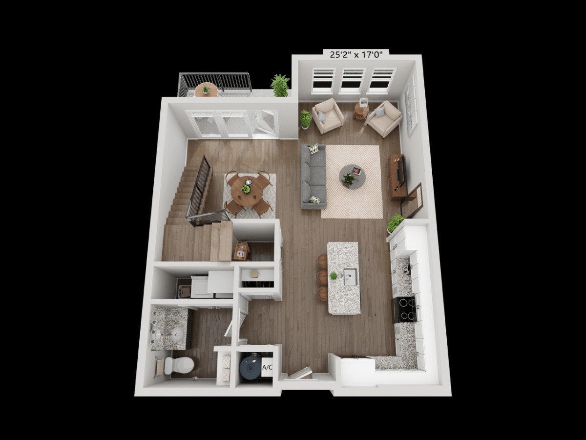 A 3D floor plan of a modern apartment featuring an open kitchen, living room, bedroom, and bathroom.