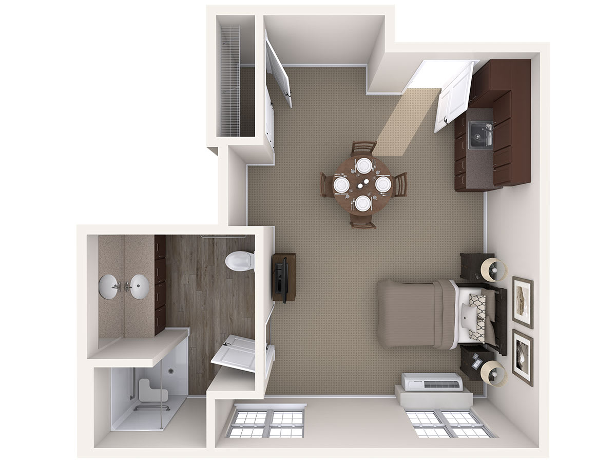 A top view of a studio apartment floor plan featuring an open living space with a bed, dining table, kitchen area, and a separate bathroom.