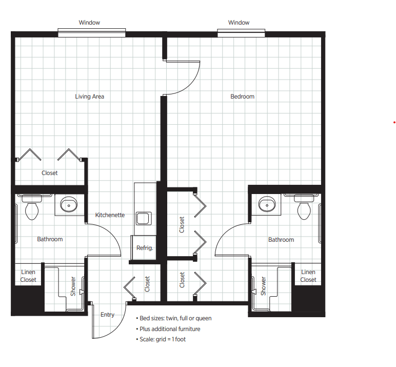 A detailed floor plan of a one-bedroom apartment featuring a living room, kitchen, bathroom, and storage space.