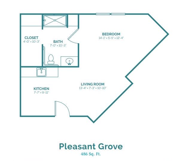 A detailed floor plan of a one-bedroom apartment in Pleasant Grove.