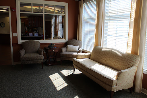 A cozy living room bathed in natural light, featuring a classic sofa and armchairs.