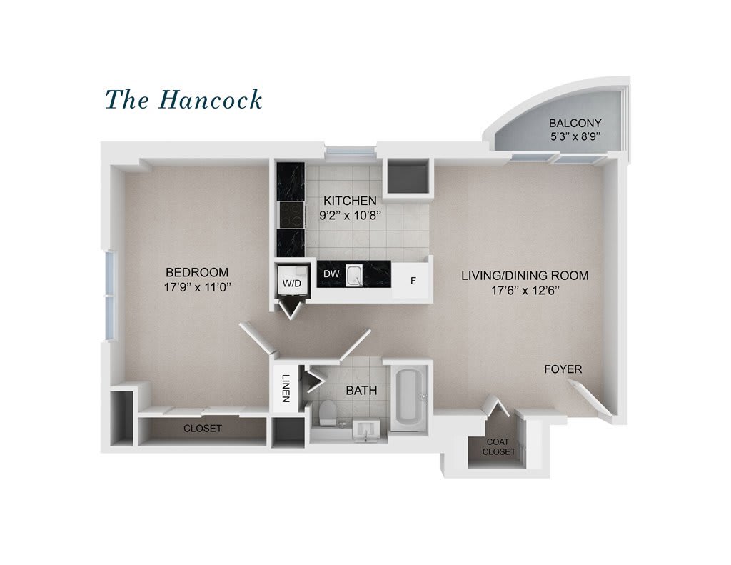 The Hancock: One-bedroom apartment floor plan with kitchen, living/dining area, bathroom, and balcony.