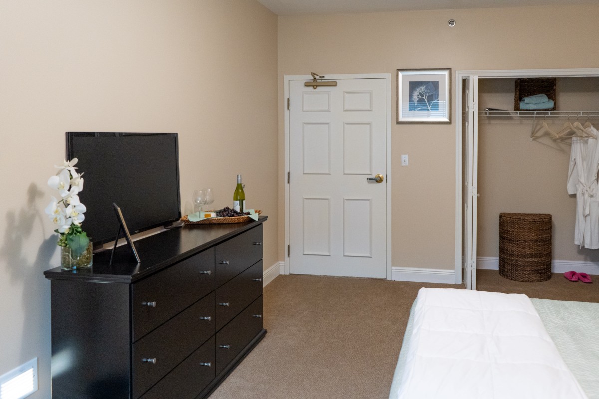 A cozy bedroom featuring a television on a dresser, a closed door with artwork above, and an open closet.