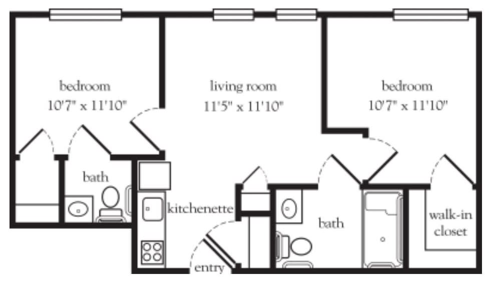 A floor plan of a two-bedroom apartment with specified room dimensions.