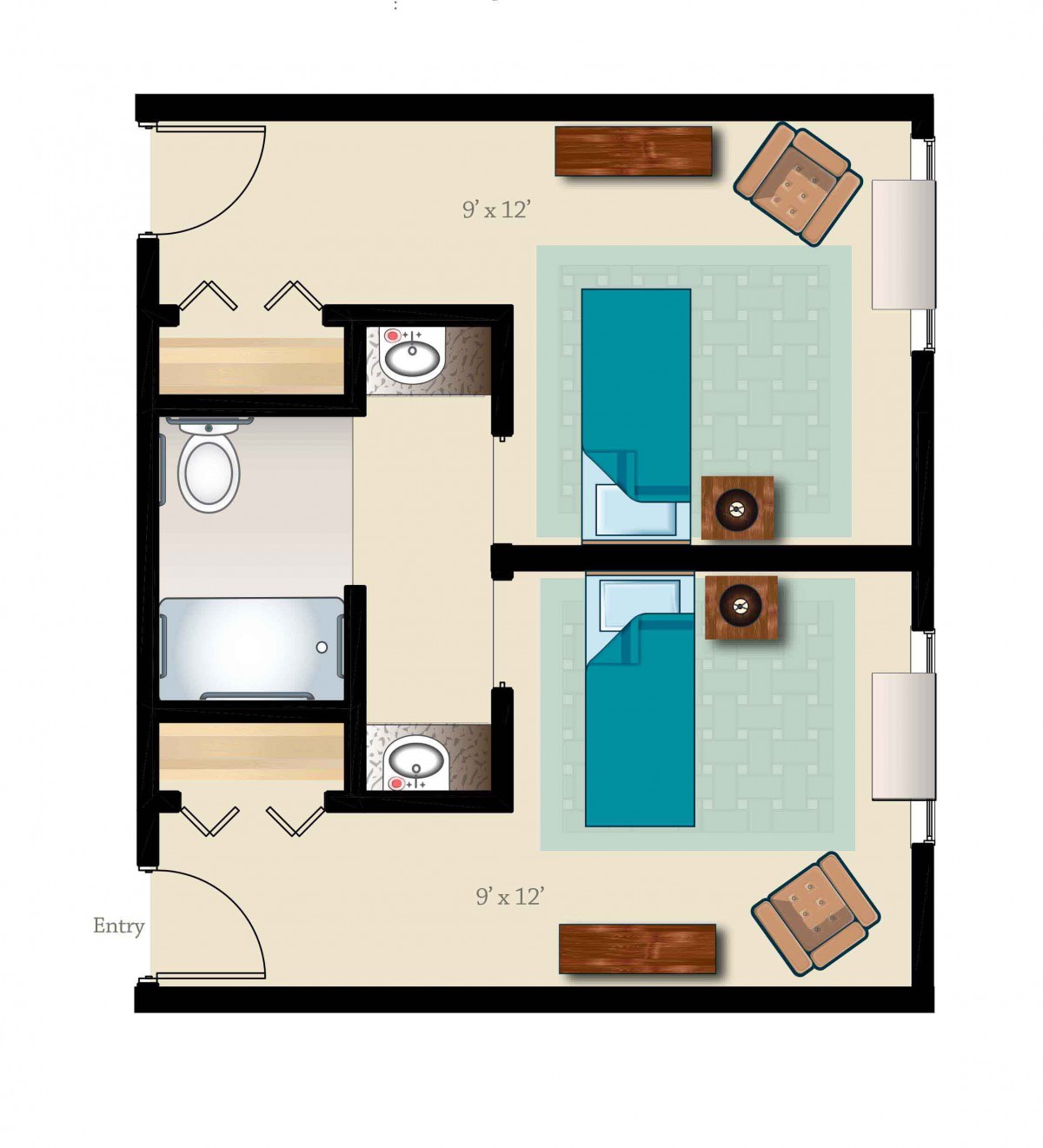 A floor plan of a two-bedroom apartment with separate bathrooms and a shared living space.