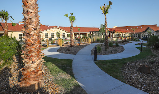 A serene outdoor pathway surrounded by palm trees and landscaping, leading to a residential building.