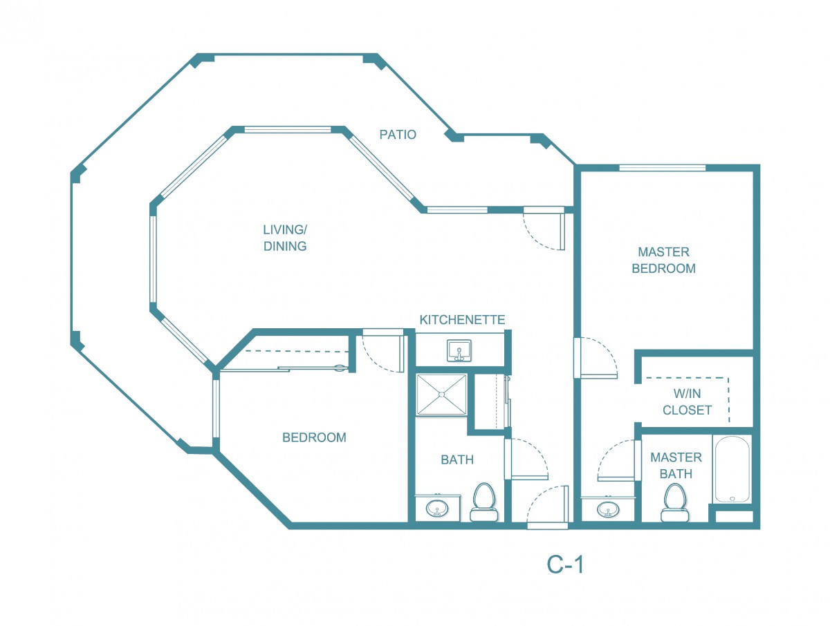 This image depicts a detailed floor plan of a two-bedroom apartment, featuring a living room, kitchen, and bathroom.