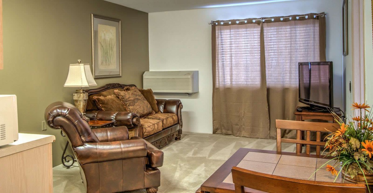 A cozy living room with a brown sofa and matching curtains.