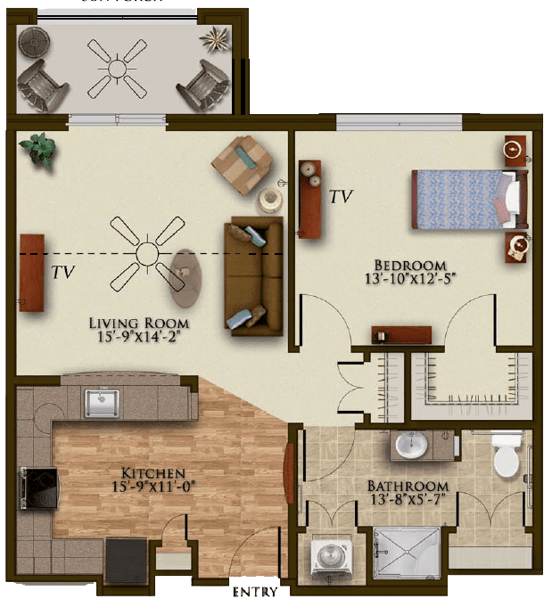 A floor plan of a one-bedroom apartment featuring a living room, kitchen with dining area, and a bathroom.