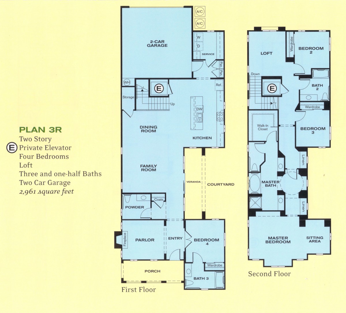 Blueprint of a two-story house showing room layout and dimensions.