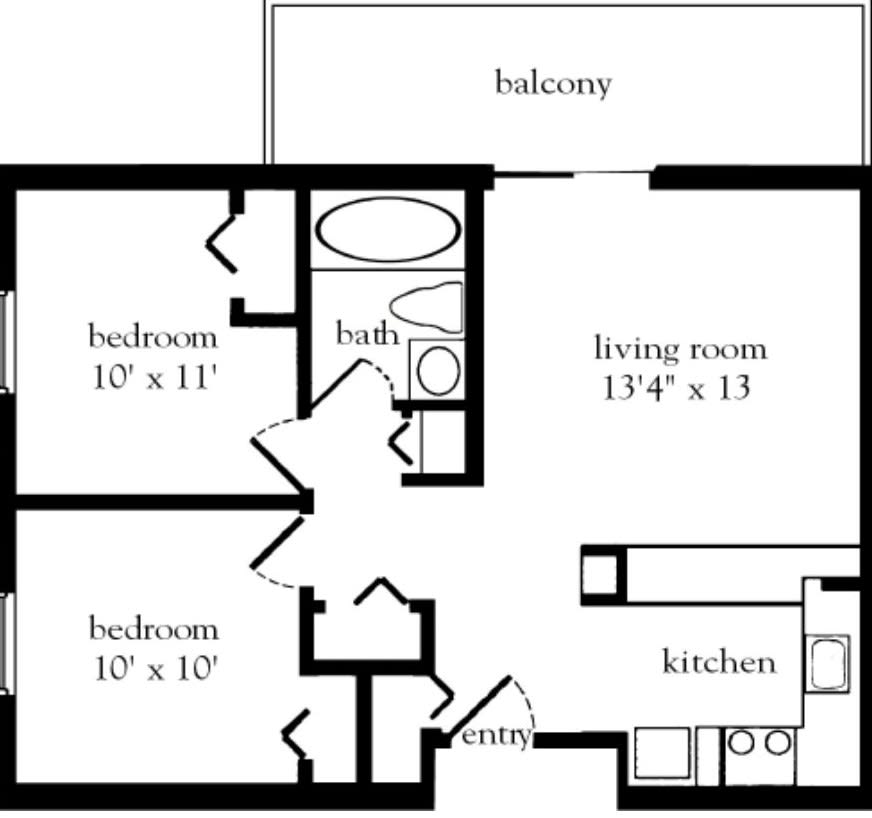 Floor plan of a two-bedroom apartment with living room, kitchen, bathroom, and balcony.