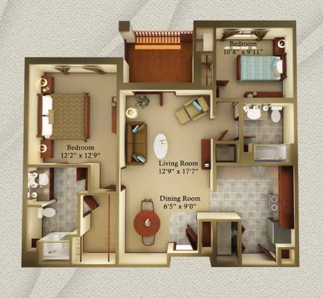 A detailed floor plan of a two-bedroom apartment with living and dining areas.