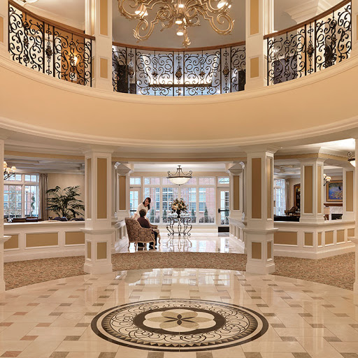 An elegant lobby showcasing luxurious design elements and spacious interiors.