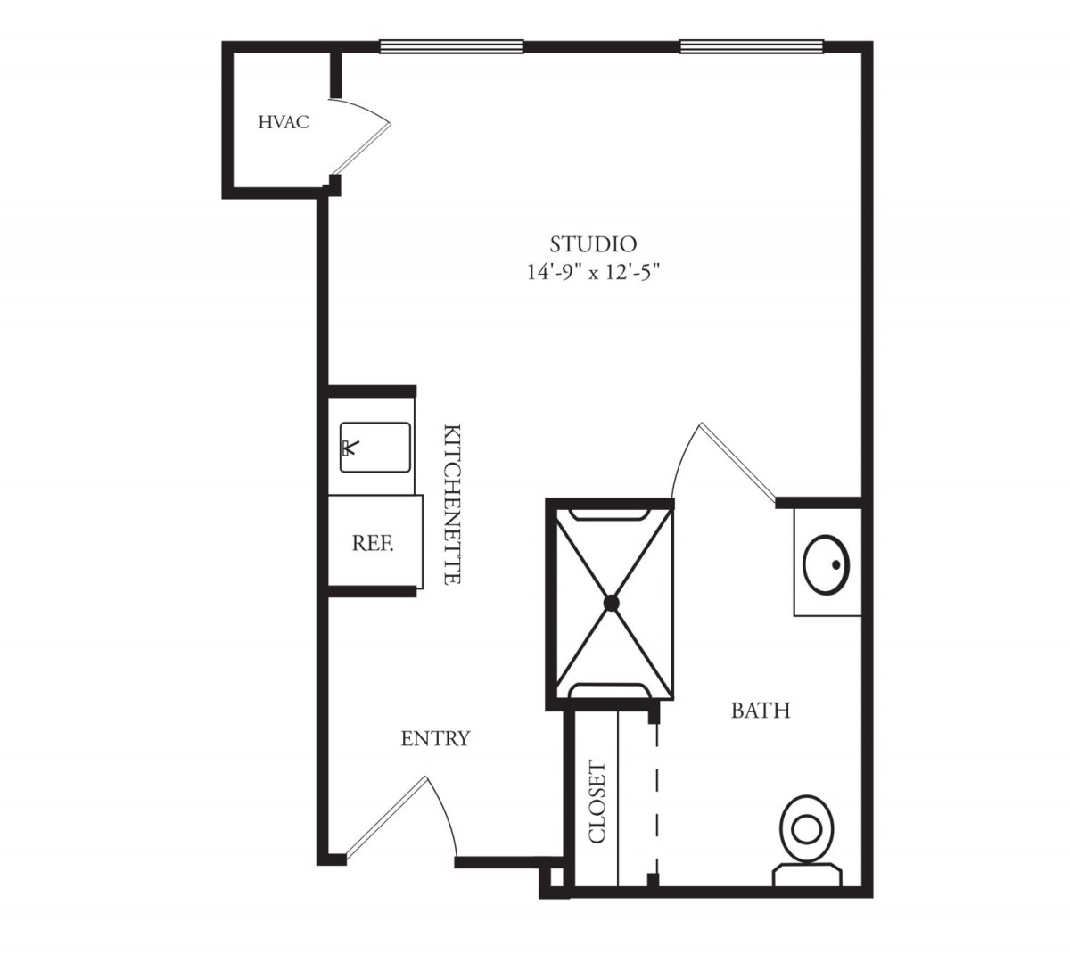 A floor plan of a studio apartment including living area, kitchenette, bathroom, and closet space.