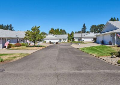 A quiet suburban street lined with residential houses and green lawns on a clear day.
