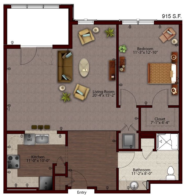 A floor plan of a one-bedroom apartment featuring a living room, kitchen, bedroom, and bathroom.