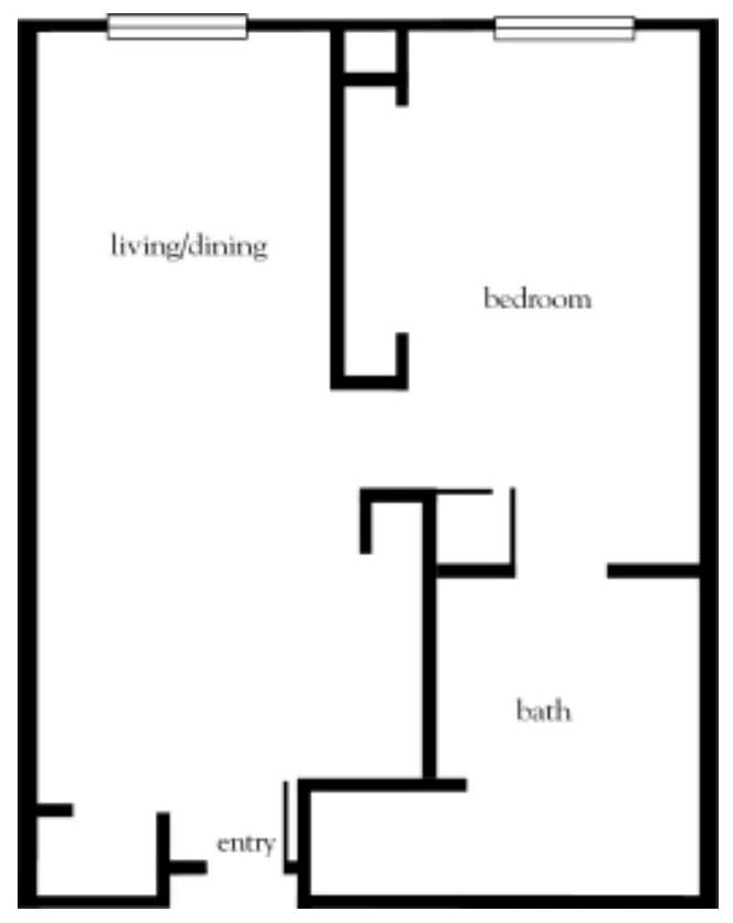 A simple floor plan showing the layout of a living/dining area, bedroom, and bath.