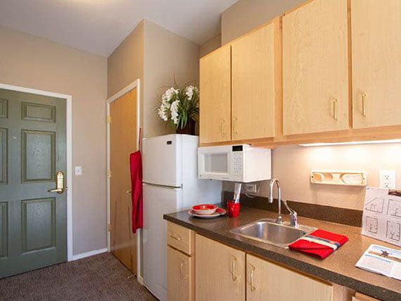 A compact and modern kitchen with essential appliances and red accents.