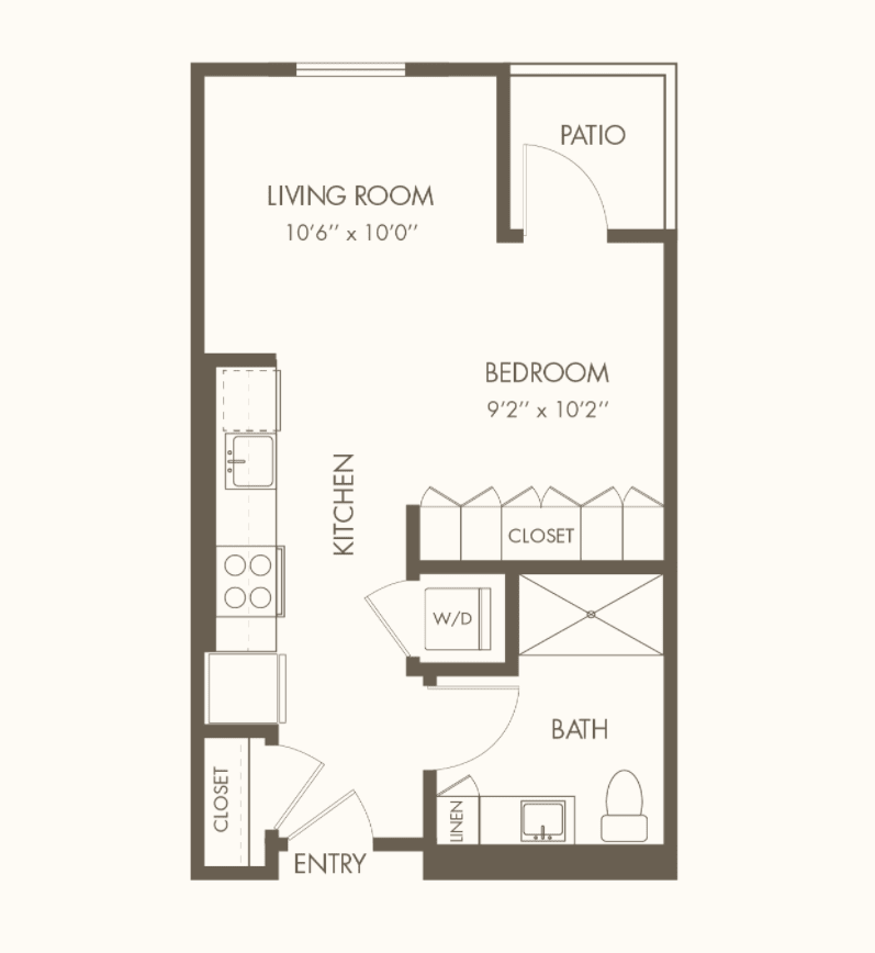 One-bedroom apartment floor plan with kitchen, bath, and living room.