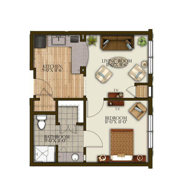 A floor plan of a one-bedroom apartment, featuring a kitchen, living room, and bathroom.
