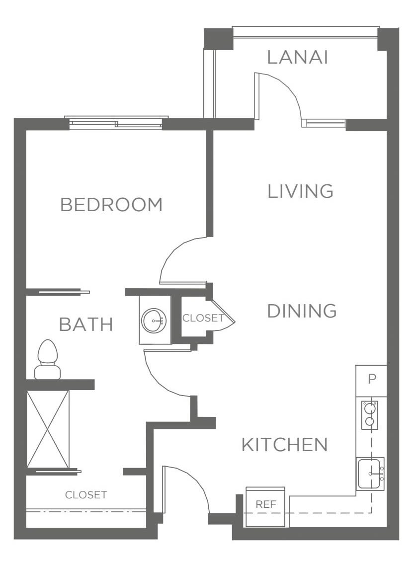 A floor plan of a one-bedroom apartment with a living room, kitchen, and bathroom.