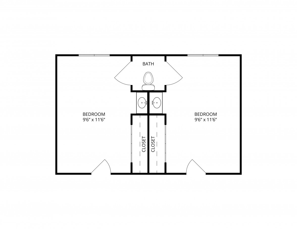 A simple floor plan diagram showing two adjacent office spaces with a shared bathroom in the center.
