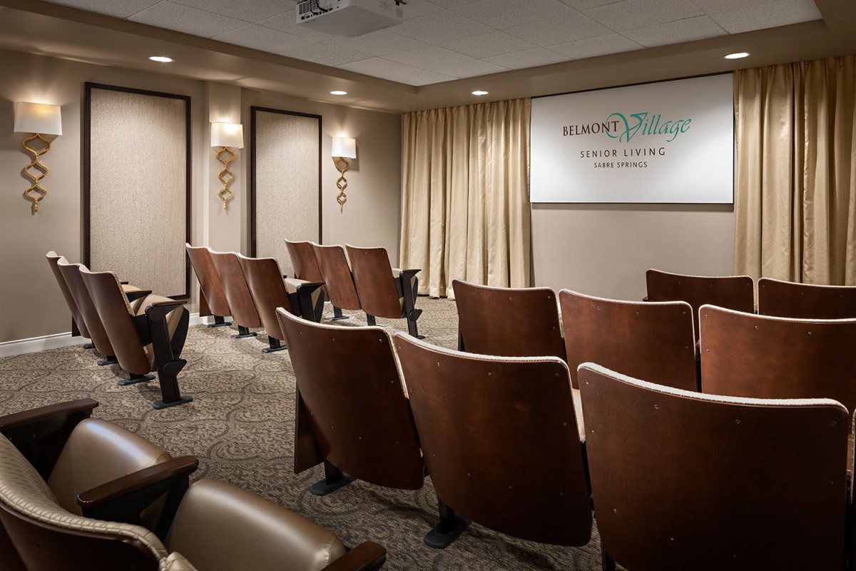 A small theater room with rows of comfortable seating, ready for a presentation or conference.