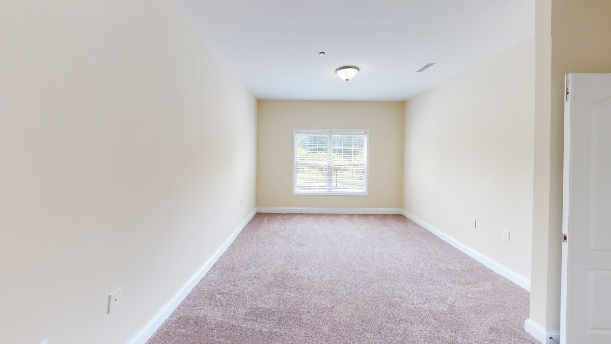 A bright, empty room with carpet and a large window.
