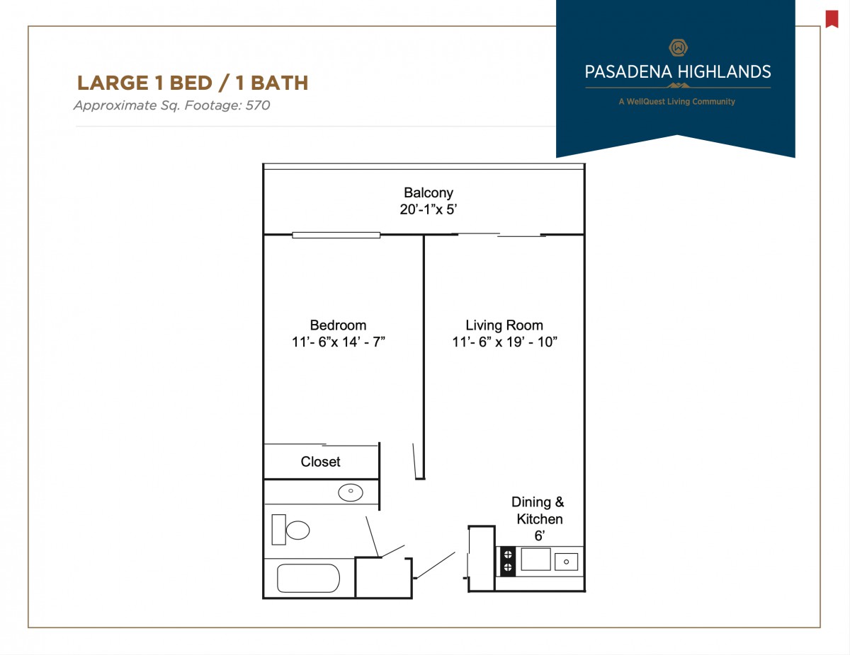 A floor plan of a large 1 bedroom, 1 bath apartment with a balcony.