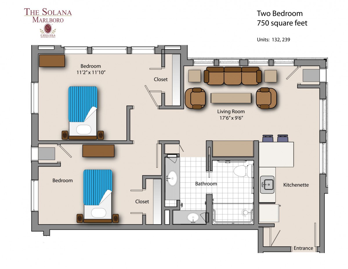 A floor plan of a two-bedroom apartment featuring a living room, kitchen, and bathroom.