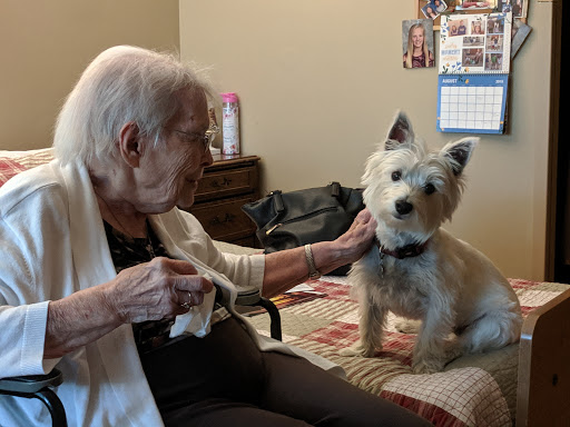 An elderly woman enjoying a moment of affection with her pet dog.