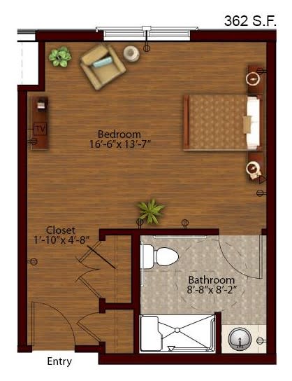 A floor plan of an apartment featuring a bedroom, bathroom, and closet.
