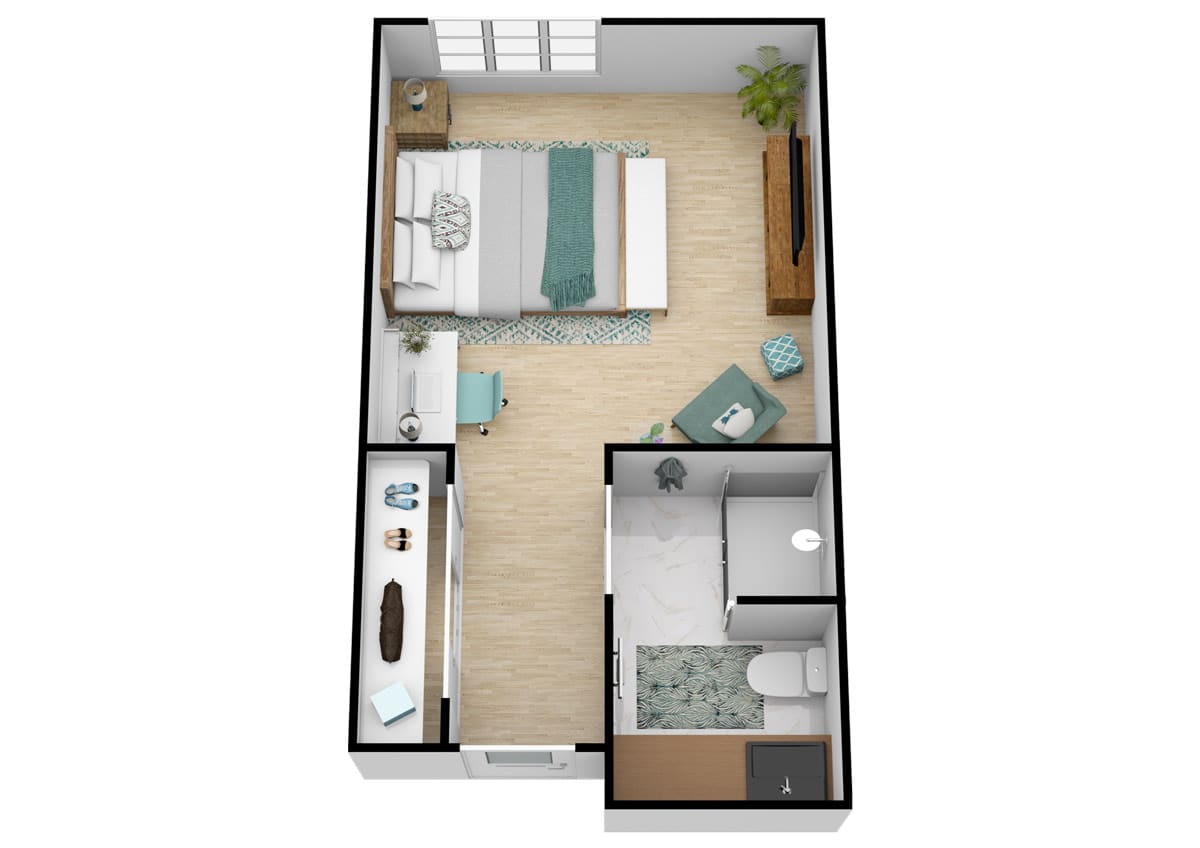 A 3D floor plan of a small apartment featuring a bedroom, bathroom, and living area with furniture.