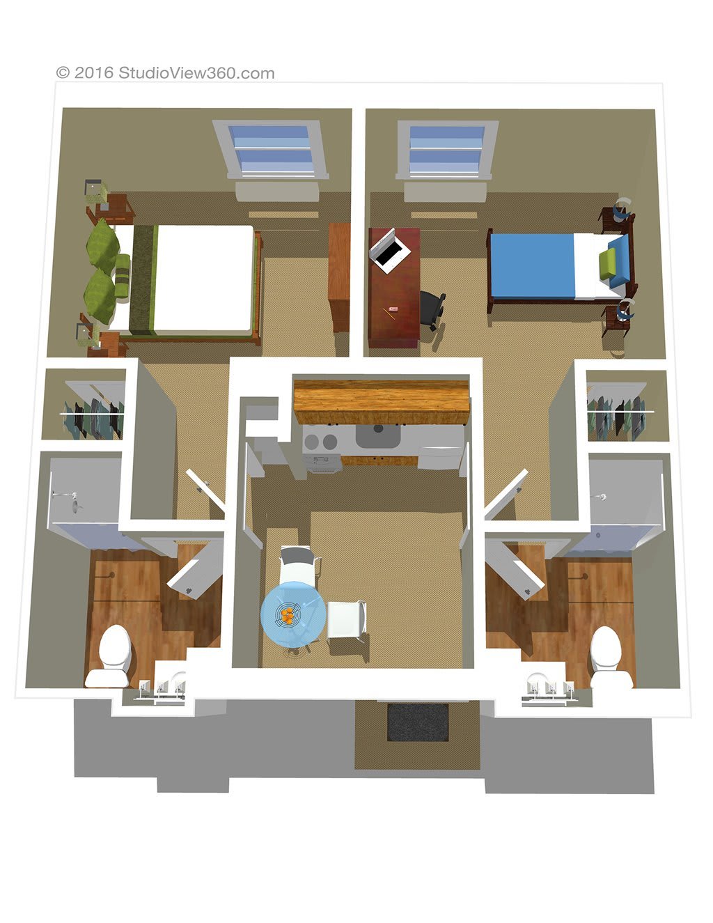 A 3D floor plan of a two-bedroom apartment with an open kitchen and living area, featuring two bathrooms.