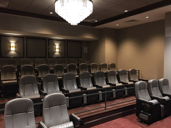 An empty theater room with rows of plush seating and a chandelier overhead.
