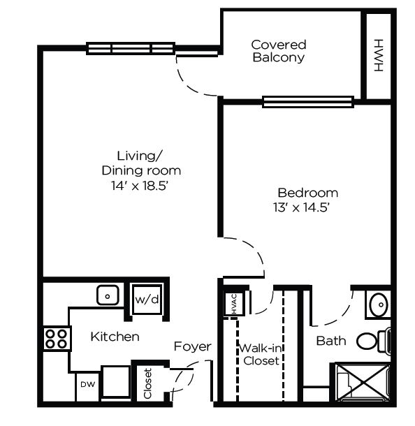 A floor plan of a one-bedroom apartment with a living room, kitchen, bathroom, and covered balcony.