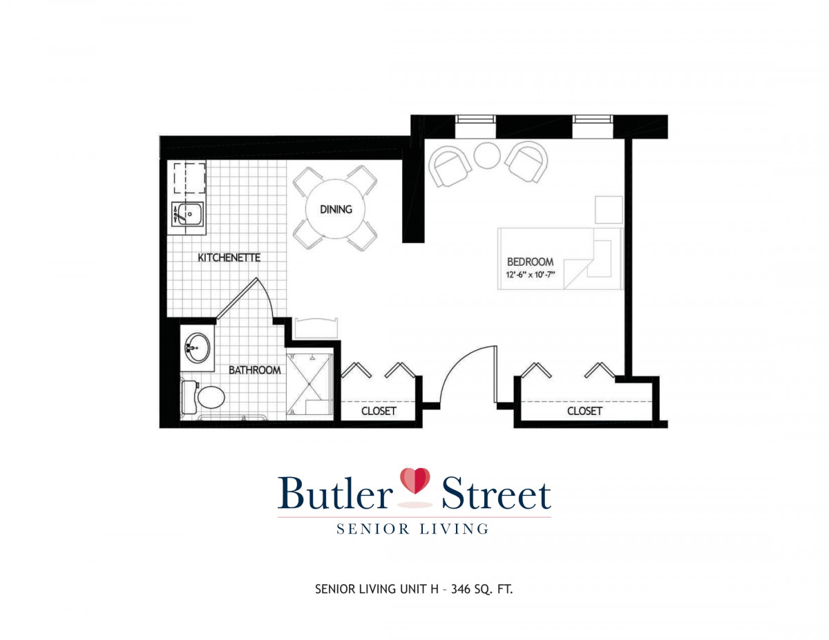 Studio apartment layout at Butler Street Senior Living.