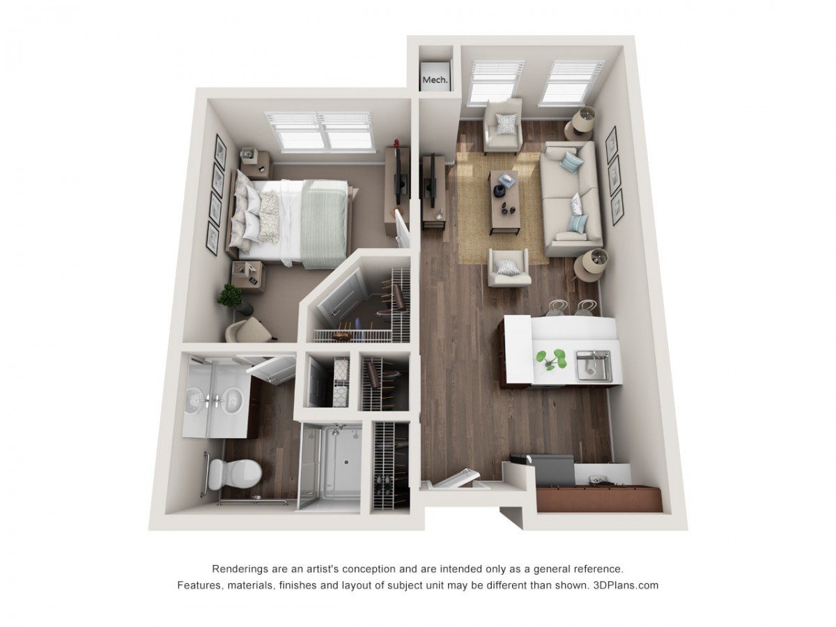 A one-bedroom apartment floor plan featuring a cozy living room, modern kitchen, and spacious bathroom.