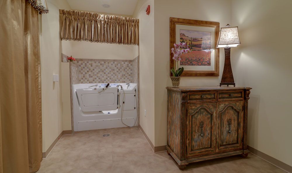 A cozy bathroom interior featuring a walk-in bathtub, decorative furniture, and wall art.