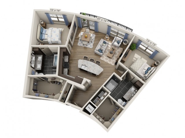 A 3D floor plan of a modern apartment featuring two bedrooms, a spacious living area, and a kitchen.