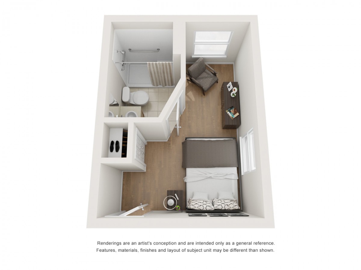 3D floor plan of a compact bedroom and bathroom layout with modern furnishings.