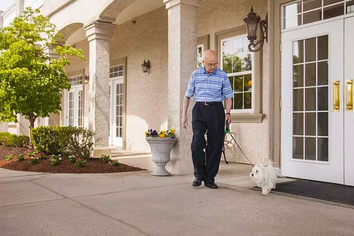 An elderly person walking a small dog in front of a building with columns.